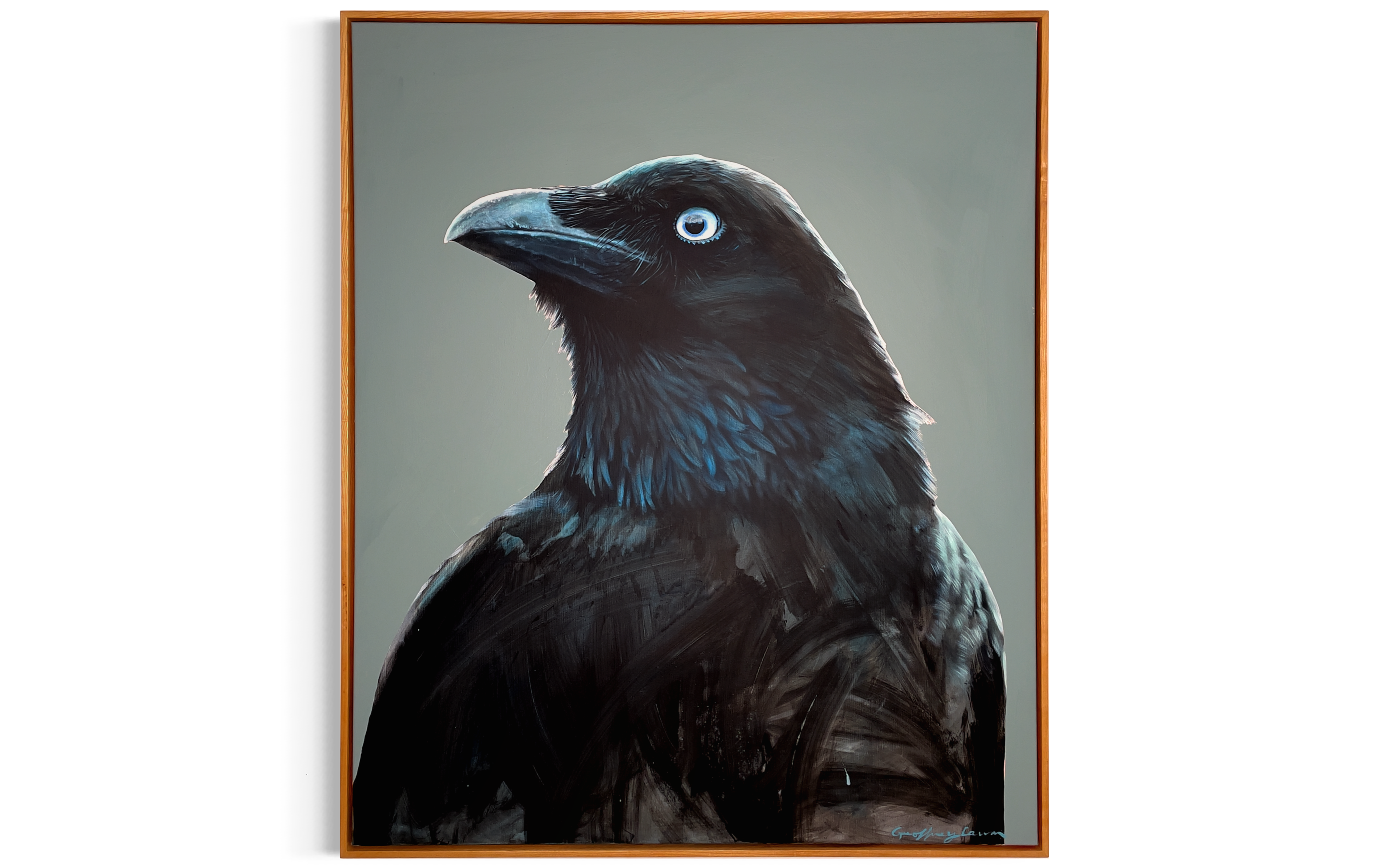 Painting, acrylic on canvas, of a raven painted by Geoffrey Carran. Beautiful moody green/greys and blues 