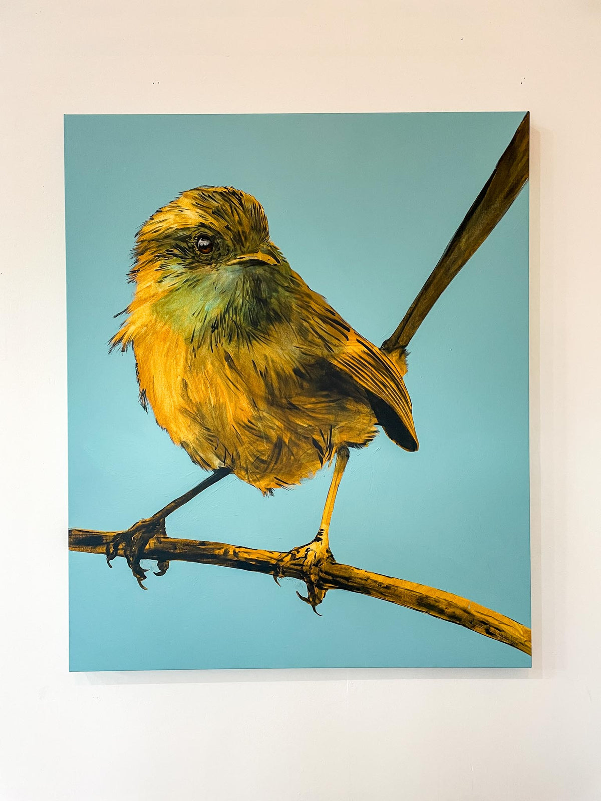 Yellow bird perched on a branch against a blue sky