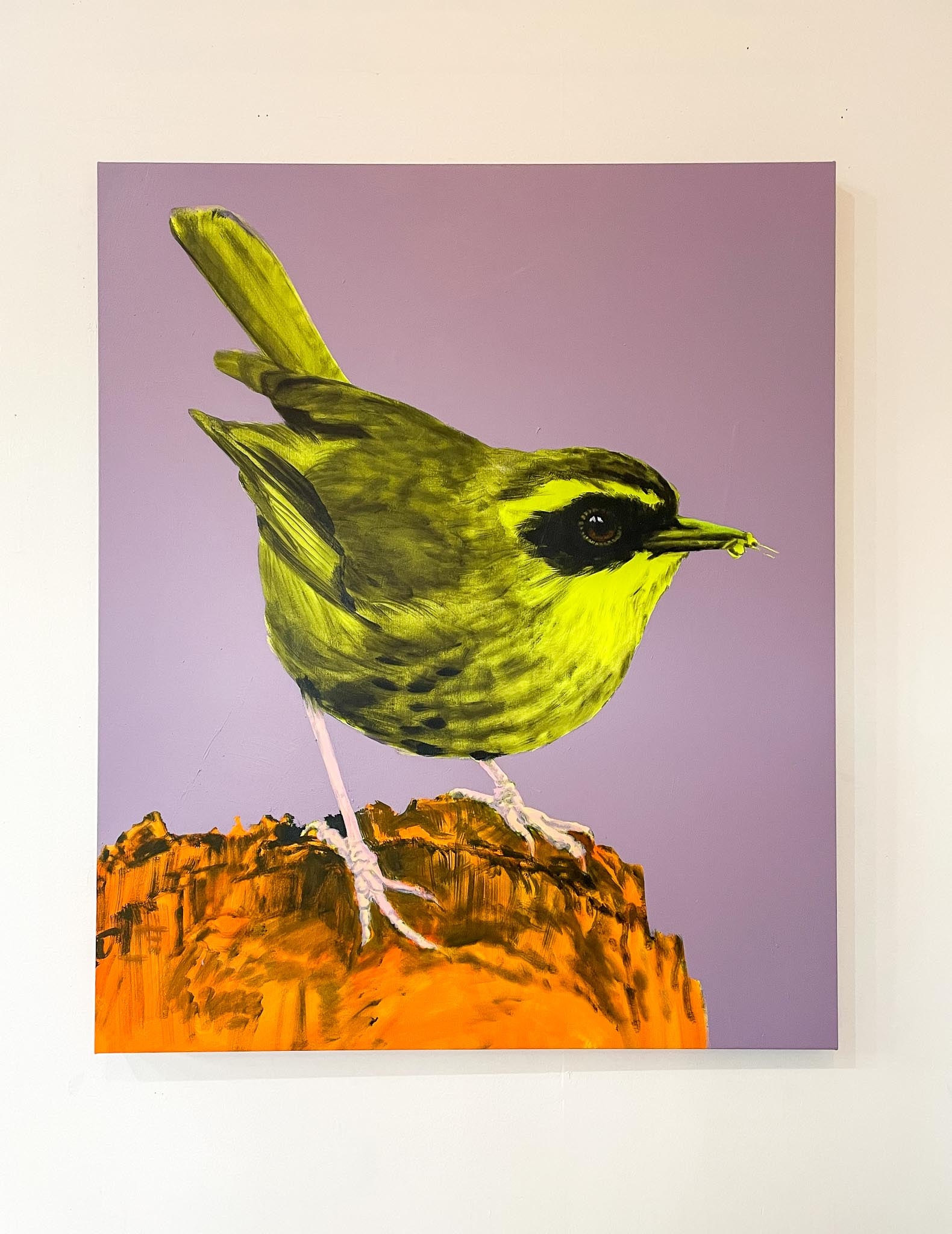 Artwork of yellow bird on mauve background
