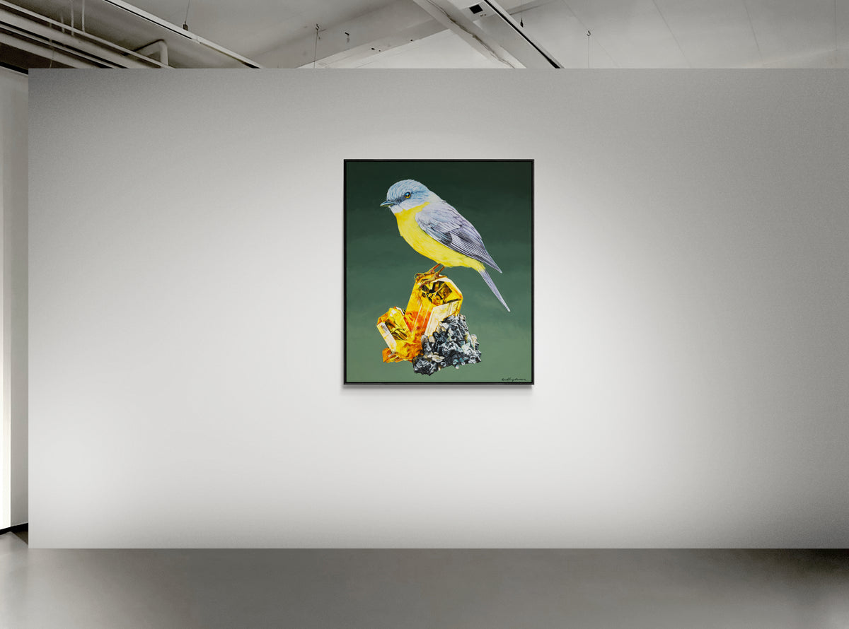 &#39;Spectra&#39; Canvas prints- Eastern Yellow Robin on Fluoro-silicate Crystal
