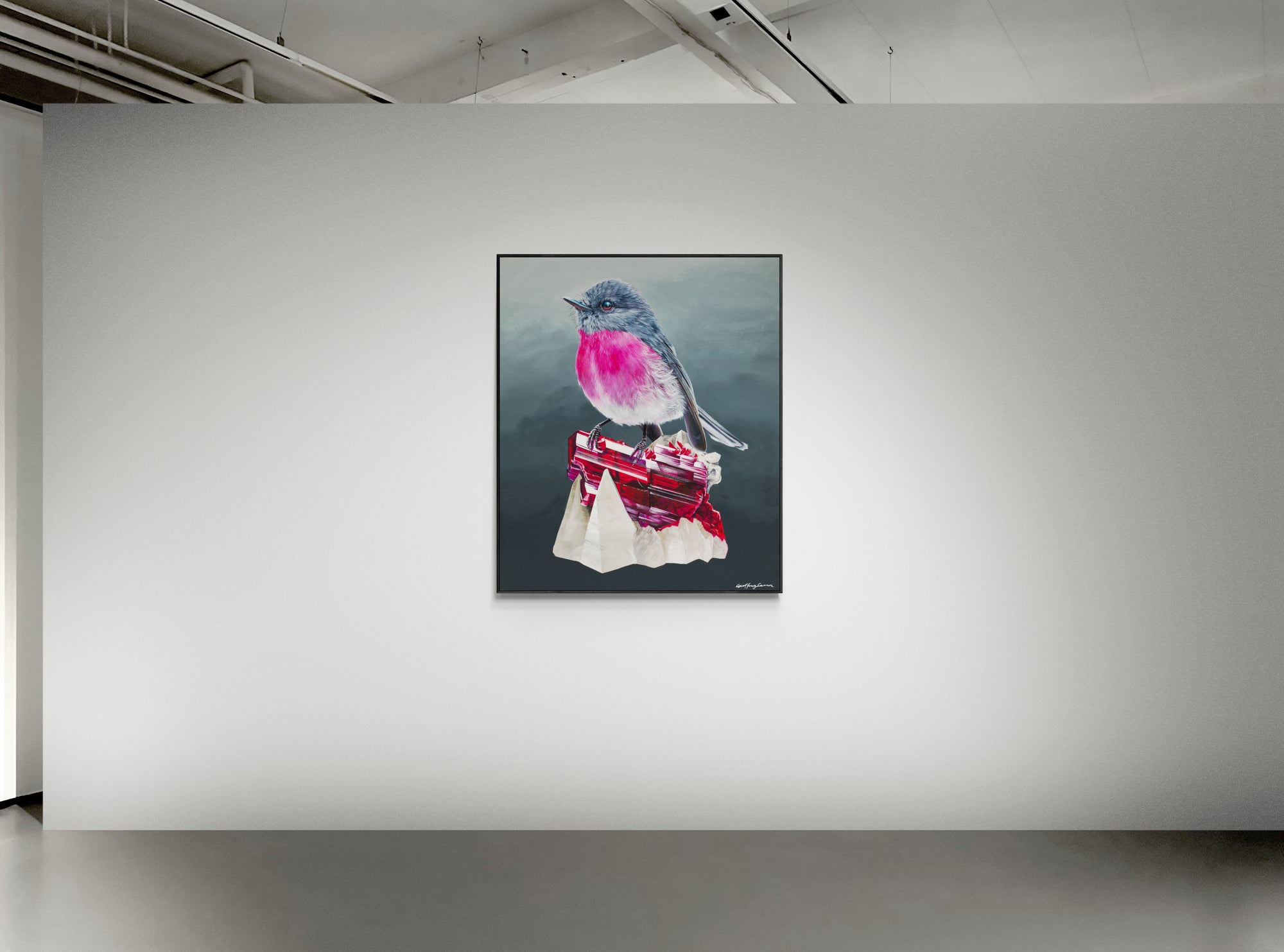 Geoffrey Carran, Rose robin on rhodonite print dark frame