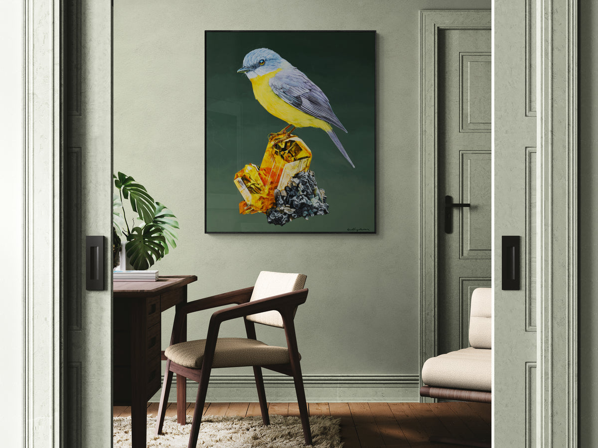 &#39;Spectra&#39; Canvas prints- Eastern Yellow Robin on Fluoro-silicate Crystal