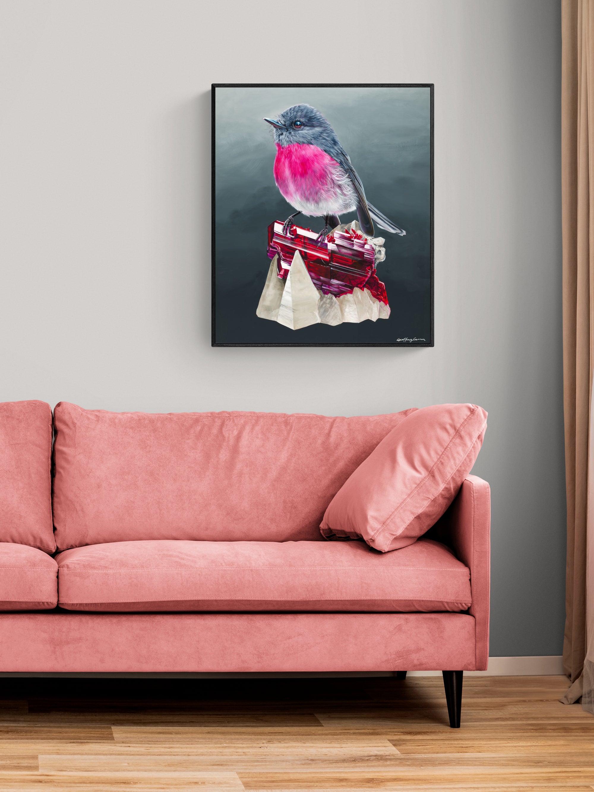 Rose robin rhodonite print dark frame